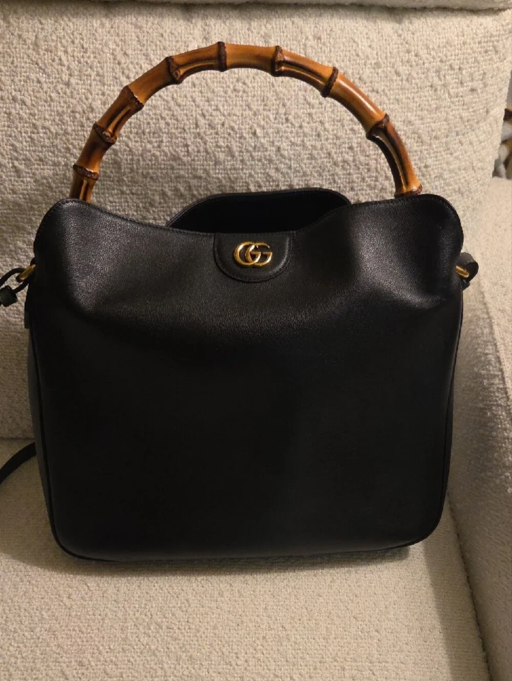 Black Leather Shoulder Bag with Bamboo Top Handle